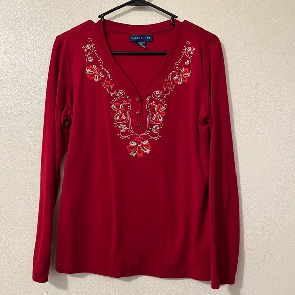 Karen Scott Burgundy beautiful floral embroidery long sleeve sweater - Picture 1 of 10
